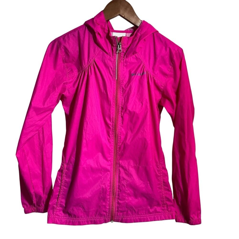 Columbia girls size L (14/16) pink hooded full zip rain jacket packable